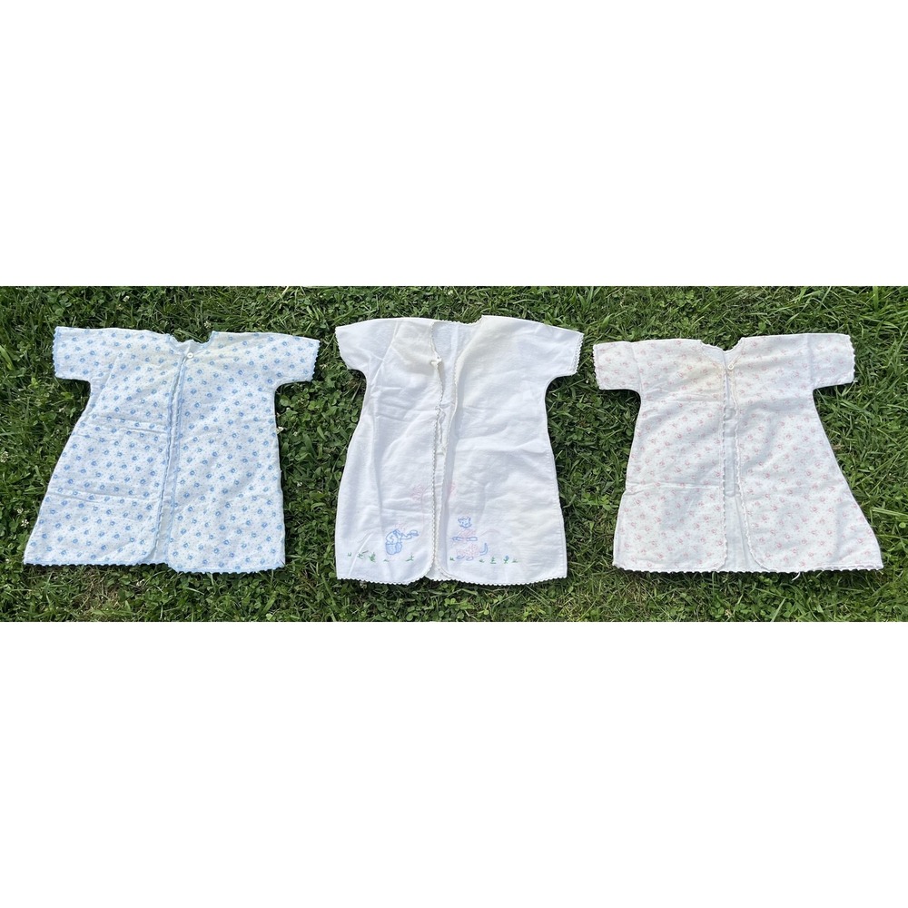 Vintage 60s‎ Baby Clothes Lot 3 Gowns Pink Blue Floral Embroidered Cotton